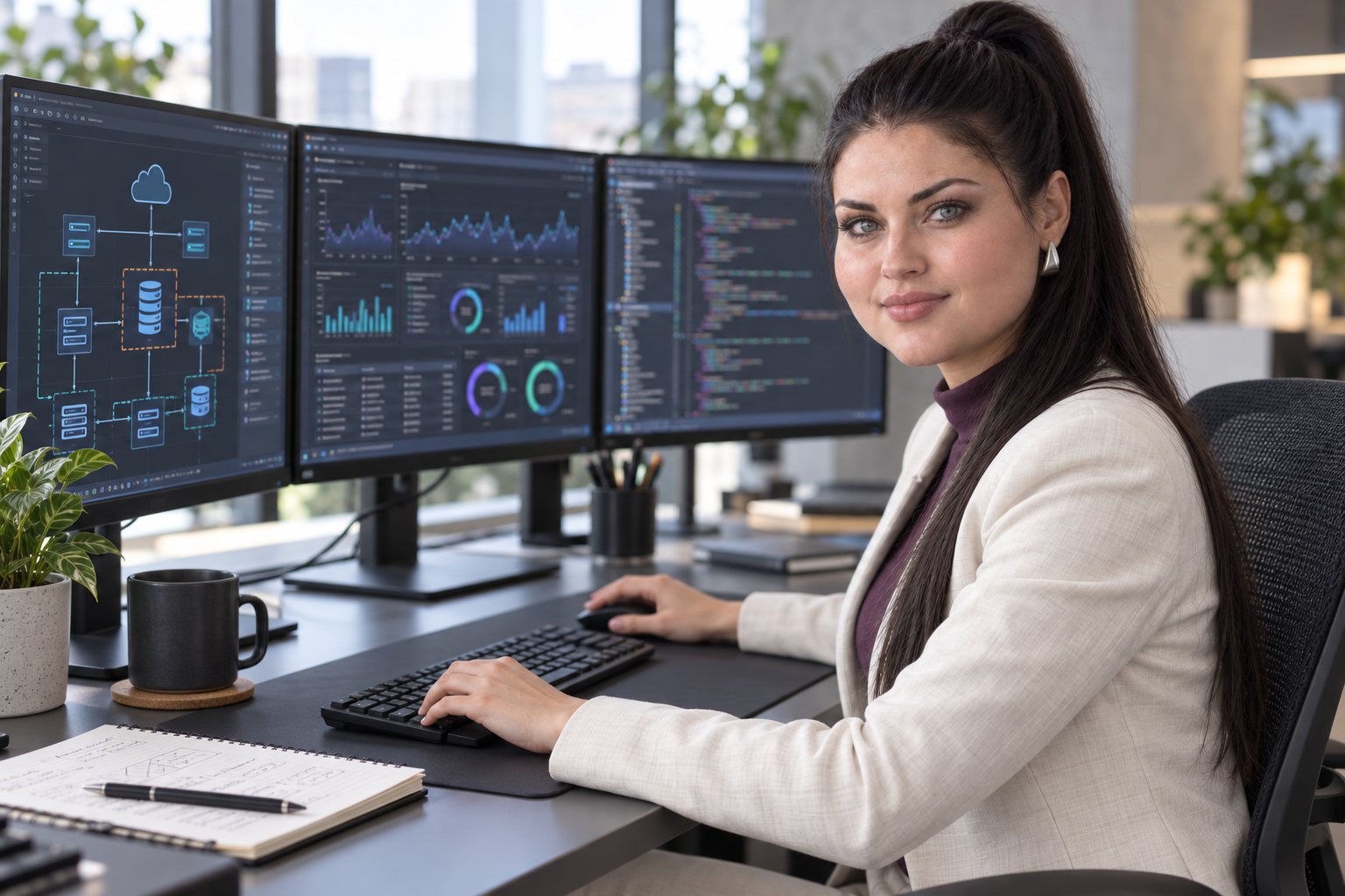 Illustrative portrait of Alessia working with backend system diagrams and monitoring screens in an office
