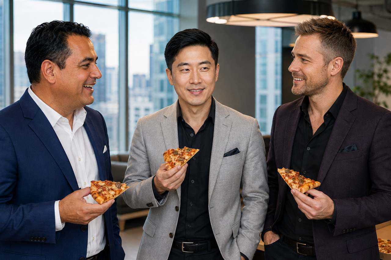 Daniel sharing pizza with colleagues