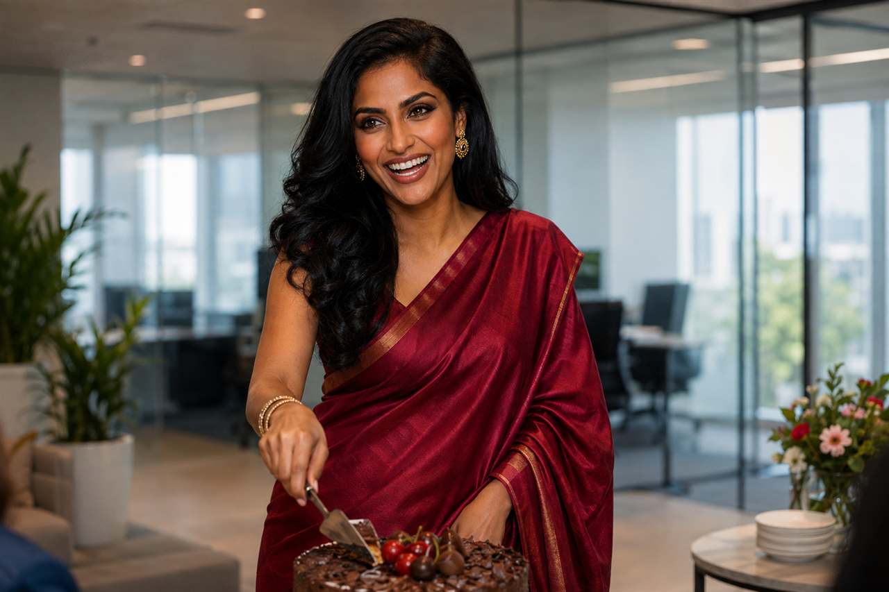 Priya cutting the first slice of cake