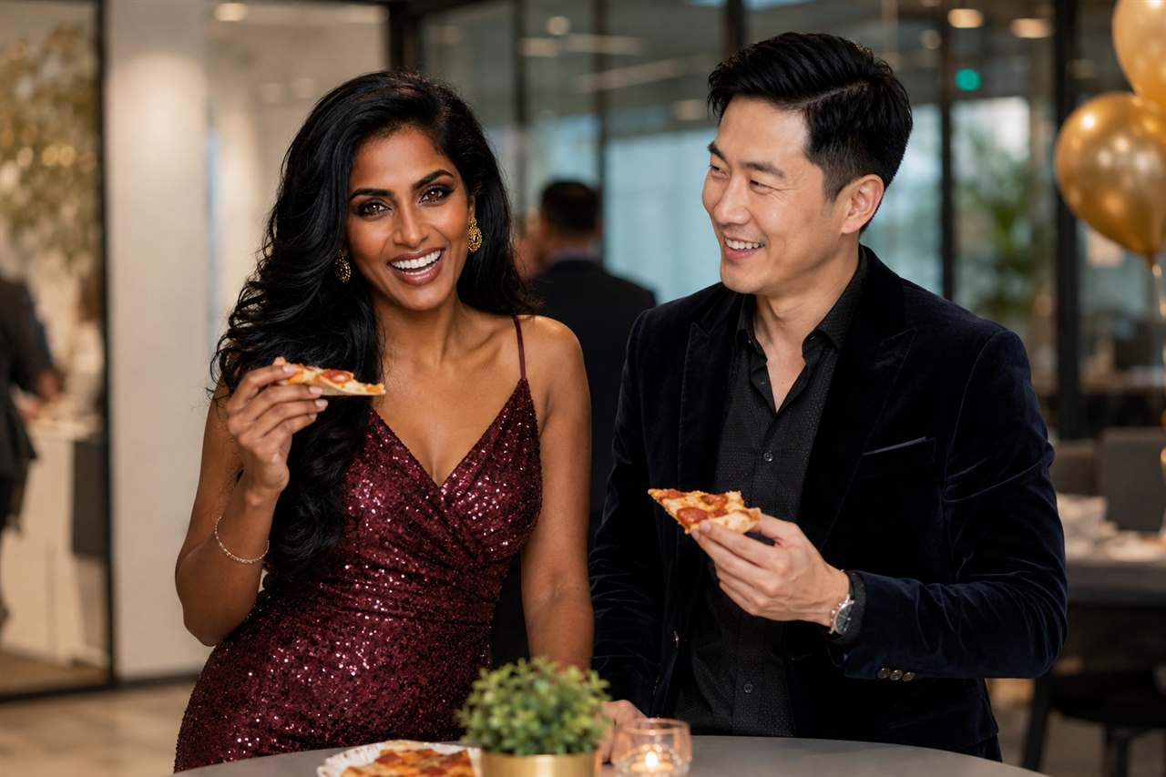 Priya and Daniel sharing pizza