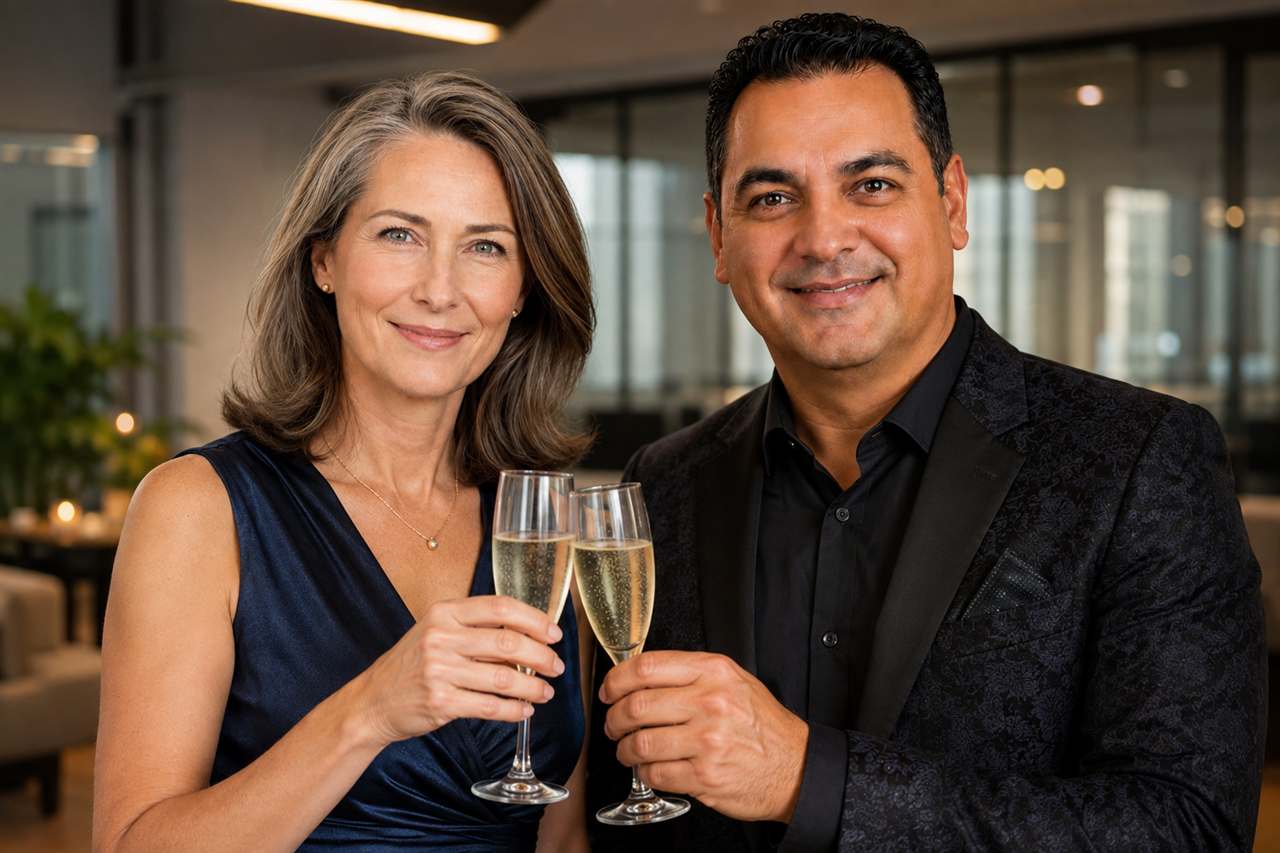 Victoria and Sanjay sharing a toast